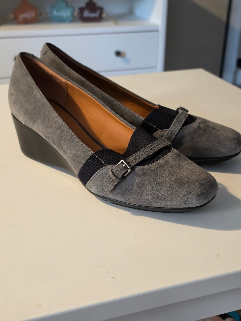 Geox Gray Suede Wedge Loafers with Elastic Strap